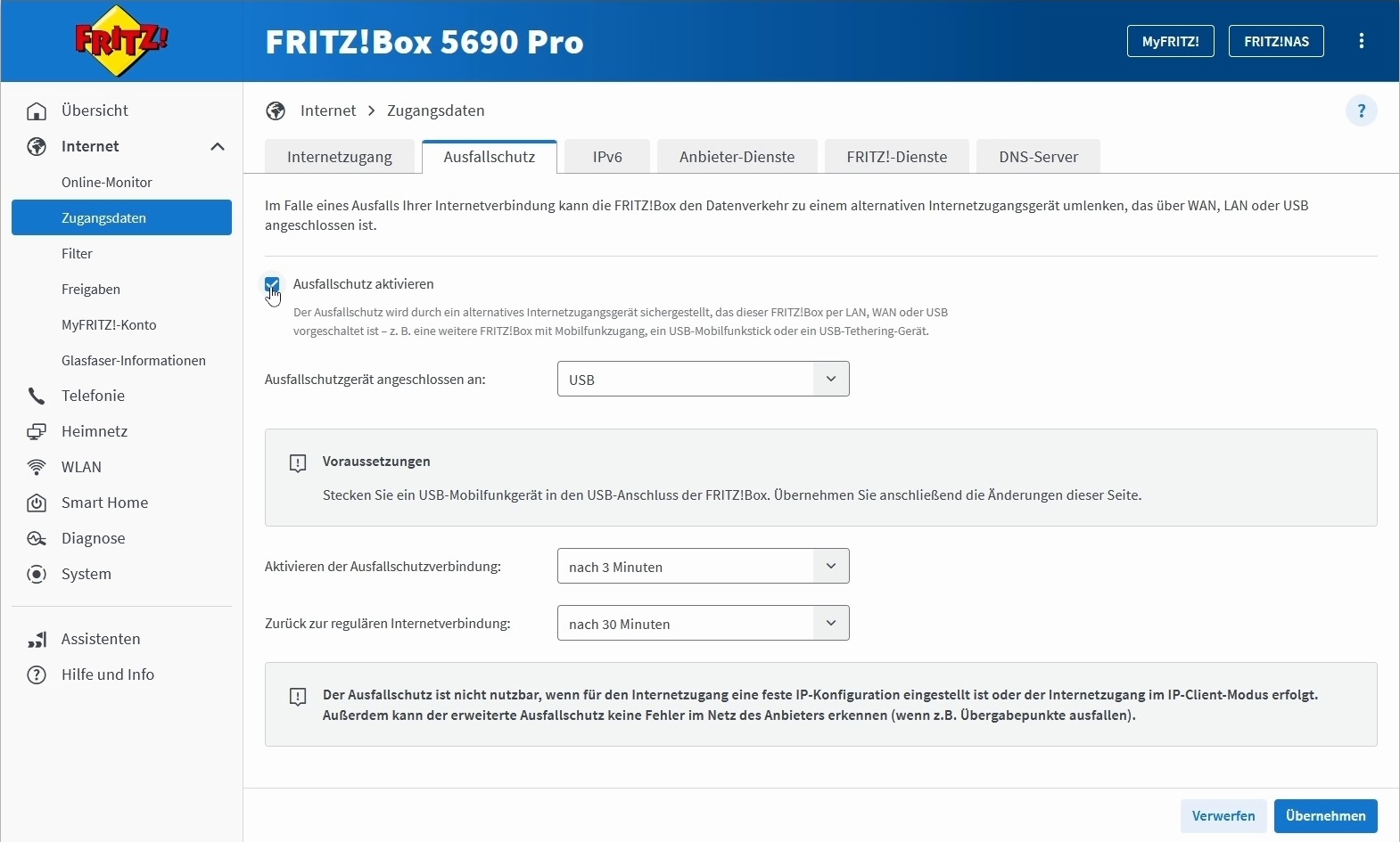 FRITZ!Box 5690 Pro: Internet, Zugangsdaten und aktivierter Reiter Ausfallschutz