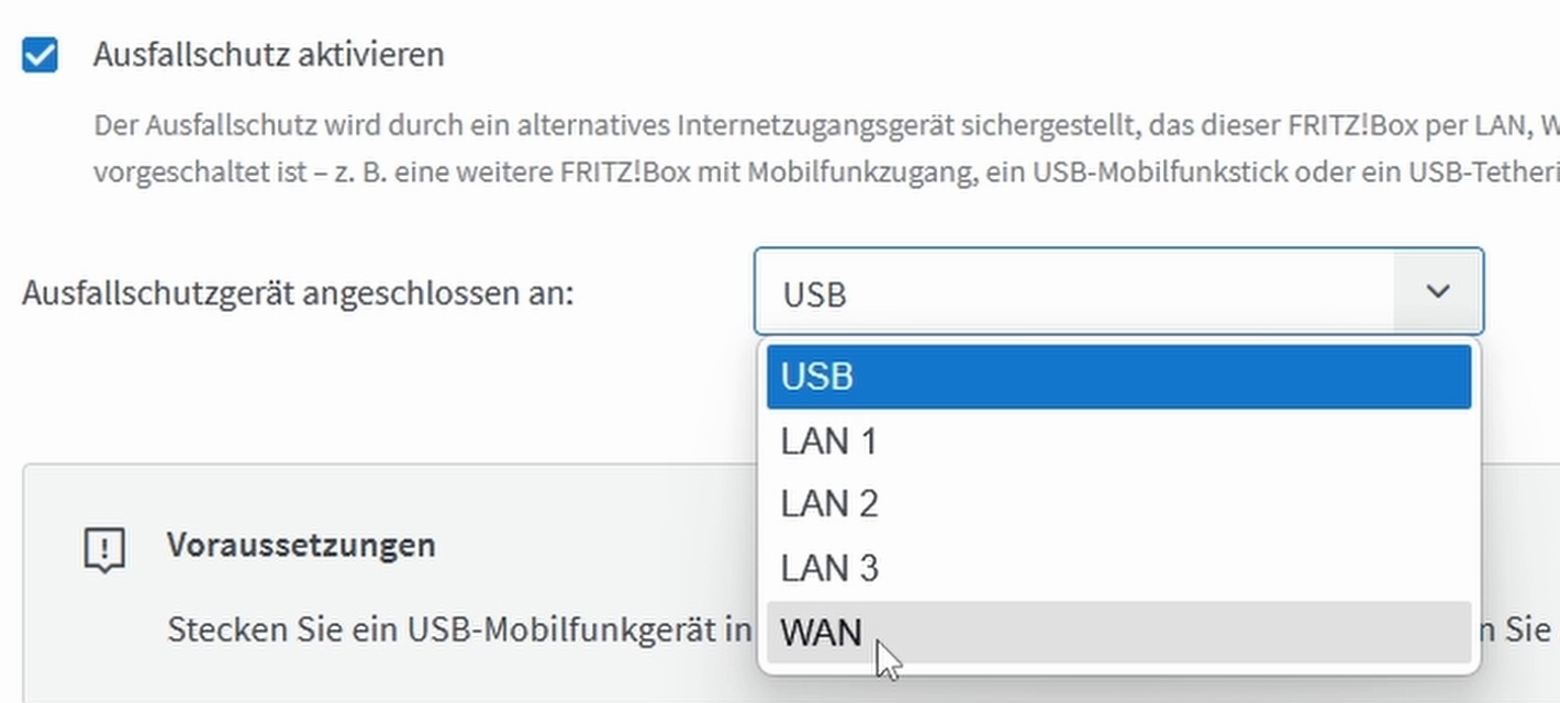 Anschlussauswahl des Ausfallschutzes mit USB, LAN 1, LAN 2, LAN 3 und WAN