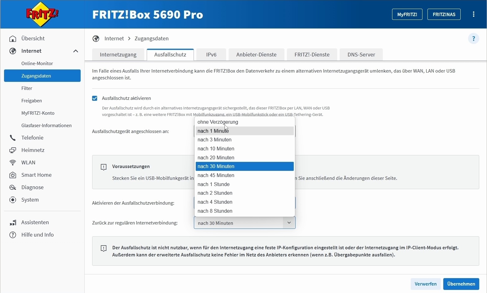 Auswahl der Wartezeit für die Rückkehr zur regulären Internetverbindung