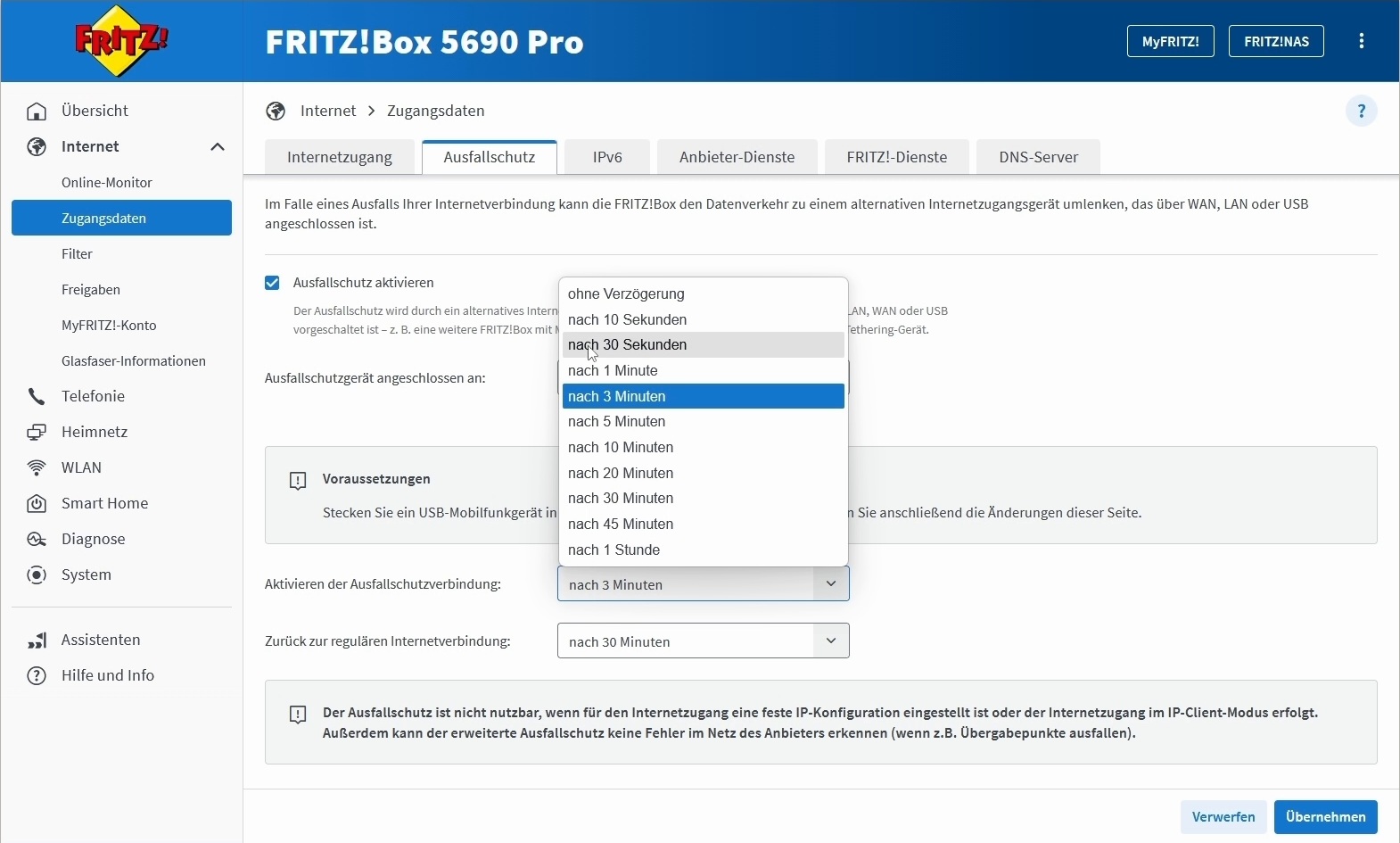 Geöffnete Auswahl für die Aktivierung der Ausfallschutzverbindung mit verschiedenen Wartezeiten