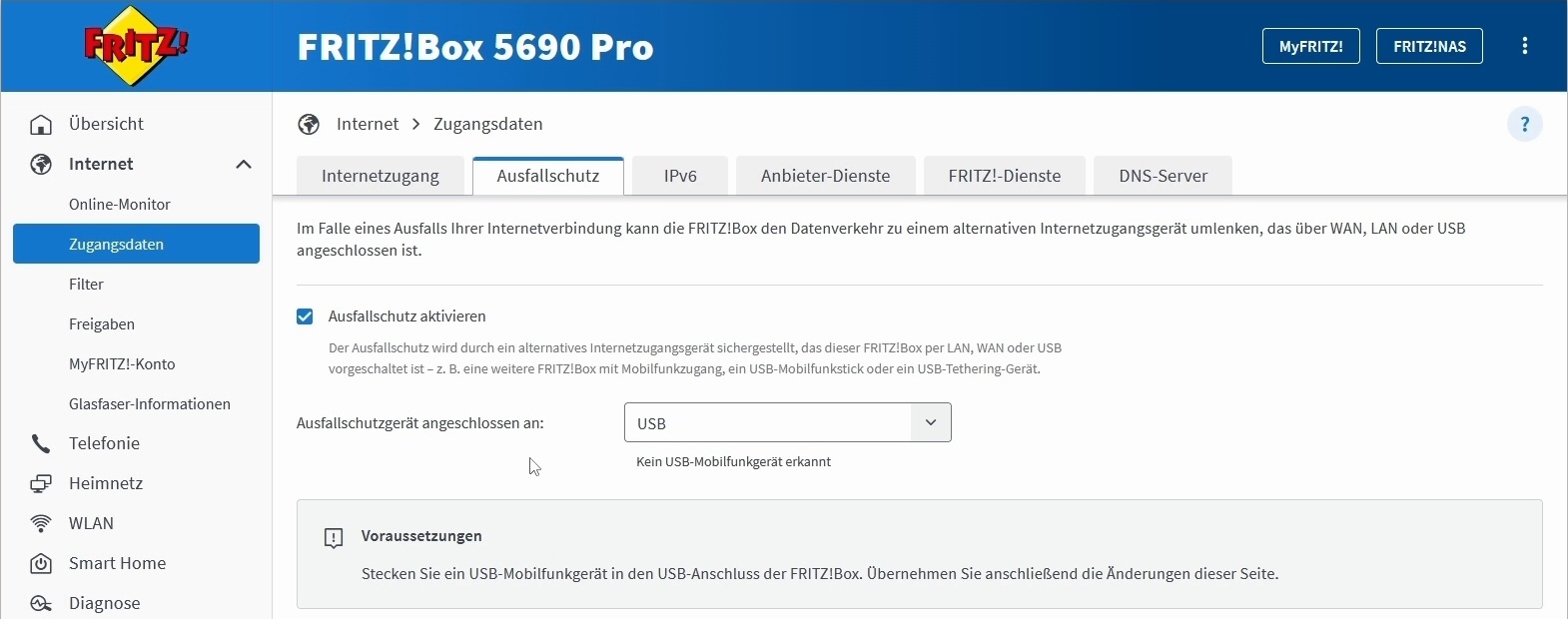 FRITZ!Box mit USB als Ersatzanschluss und der Meldung Kein USB-Mobilfunkgerät erkannt