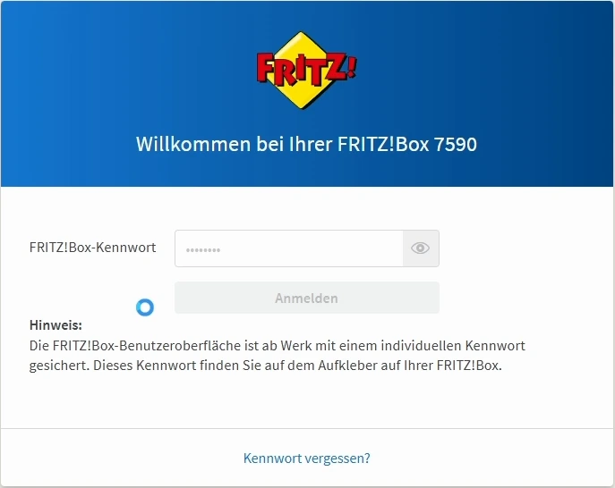 Anmeldeseite der FRITZ!Box 7590 mit Feld für das FRITZ!Box-Kennwort