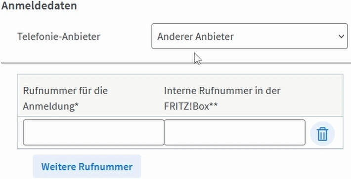 Telefonie-Anbieterauswahl und leere Felder für Rufnummern
