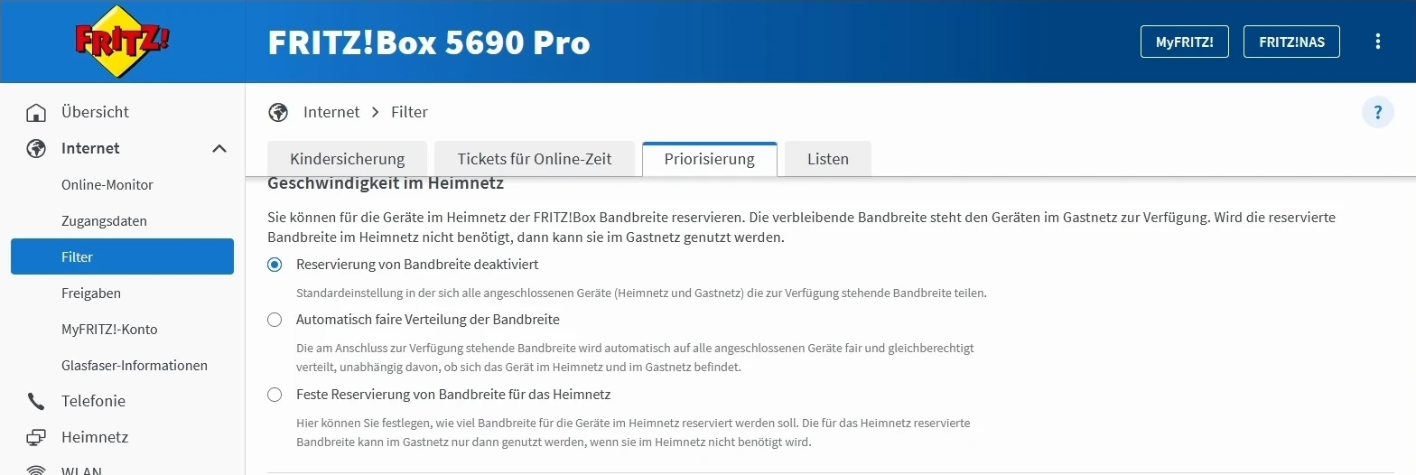 FRITZ!Box 5690 Pro mit geöffnetem Menü Internet, Filter und Priorisierung