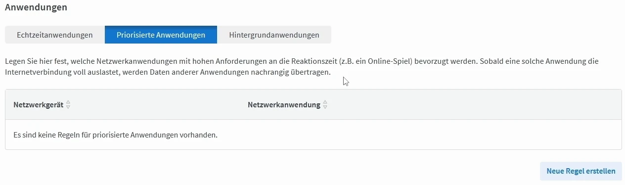 FRITZ!Box-Kategorie Priorisierte Anwendungen mit der Schaltfläche Neue Regel erstellen