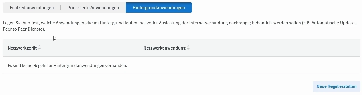 FRITZ!Box-Kategorie Hintergrundanwendungen und Schaltfläche Neue Regel erstellen