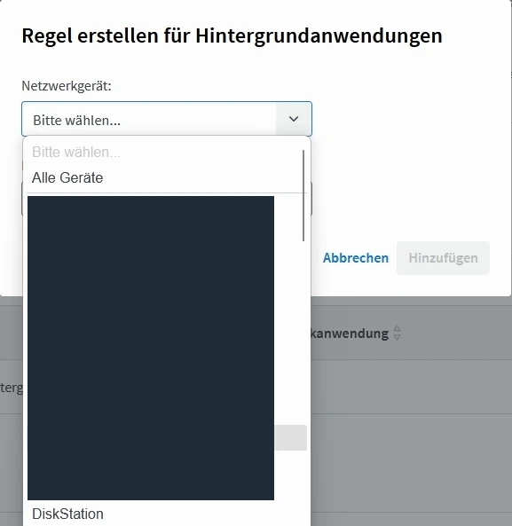 Regel für Hintergrundanwendungen mit geöffneter Geräteliste und dem Eintrag DiskStation; weitere Gerätenamen geschwärzt