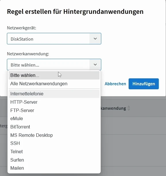 Regeldialog für DiskStation mit geöffneter Liste der Netzwerkanwendungen und Schaltfläche Hinzufügen