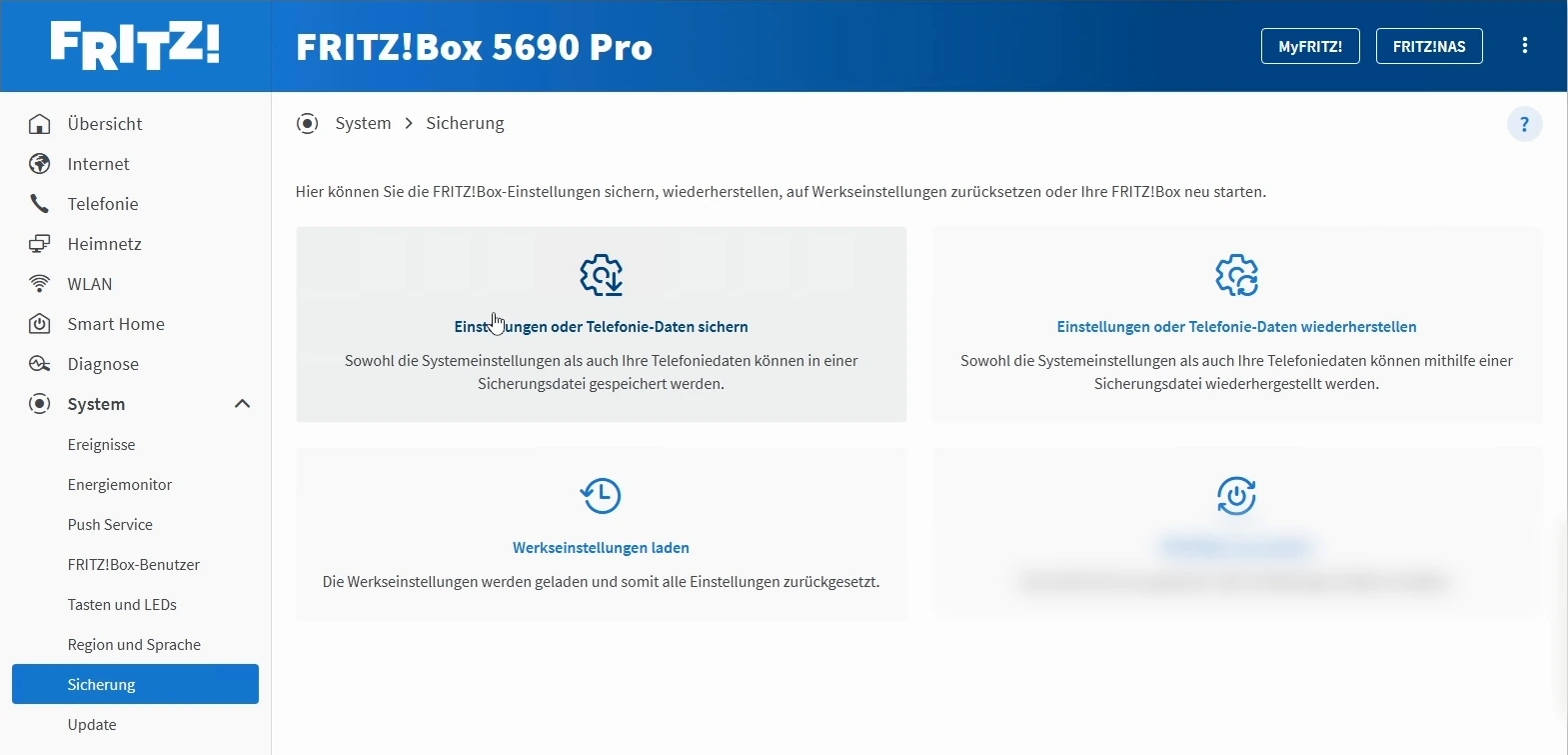 FRITZ!Box 5690 Pro: Unter System und Sicherung die Einstellungen sichern.
