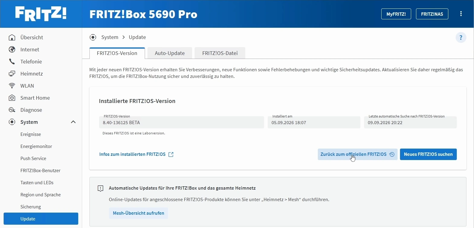 FRITZ!OS-Version 8.40-136125 BETA auf der FRITZ!Box 5690 Pro.