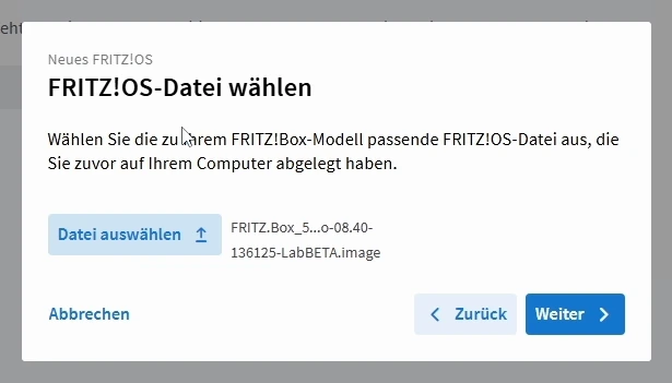 Dialog FRITZ!OS-Datei wählen mit ausgewählter Labor-Datei im Format .image.