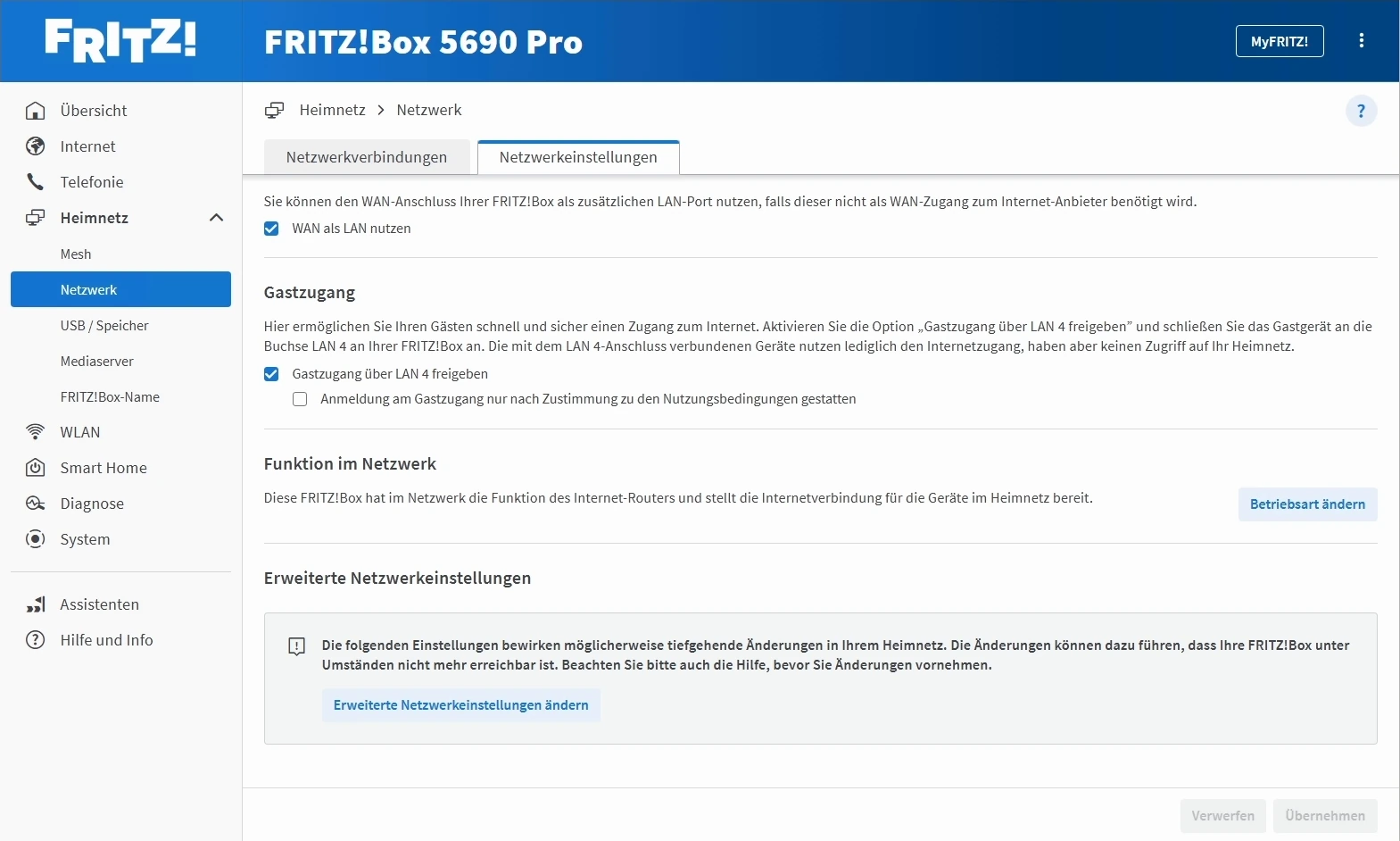 Heimnetz, Netzwerk und Netzwerkeinstellungen mit Erweiterte Netzwerkeinstellungen ändern.
