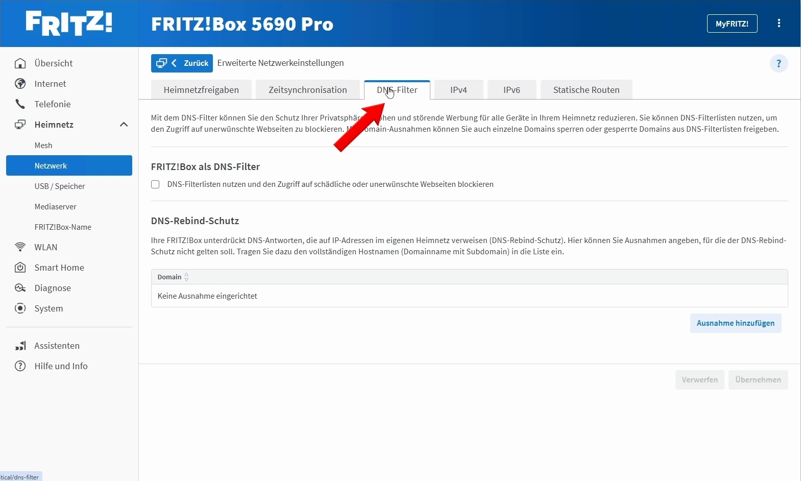 Registerkarte DNS-Filter in den erweiterten Netzwerkeinstellungen der FRITZ!Box.