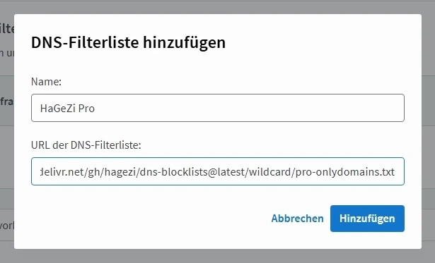 Dialog DNS-Filterliste hinzufügen mit dem Namen HaGeZi Pro und der Listen-URL.