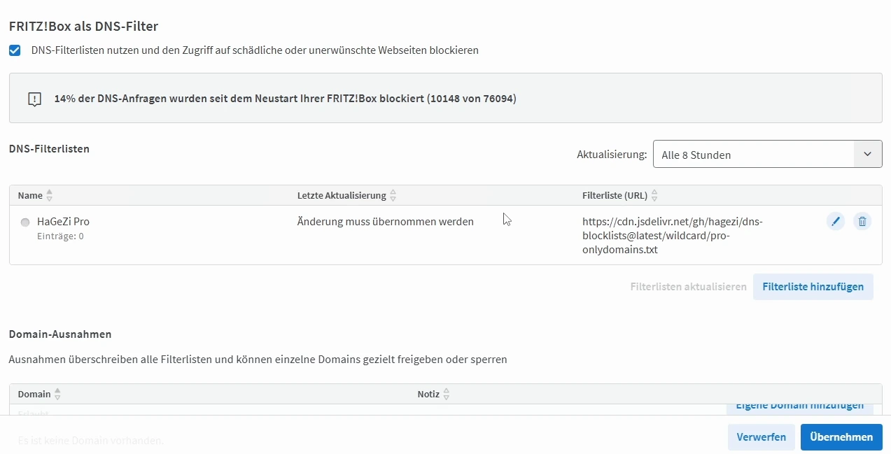 Neue HaGeZi-Pro-Filterliste mit Hinweis Änderung muss übernommen werden und Schaltfläche Übernehmen.