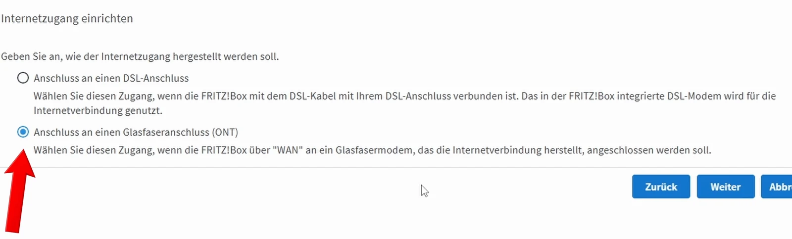 Ausgewählte Anschlussart Glasfaseranschluss ONT in der FRITZ!Box