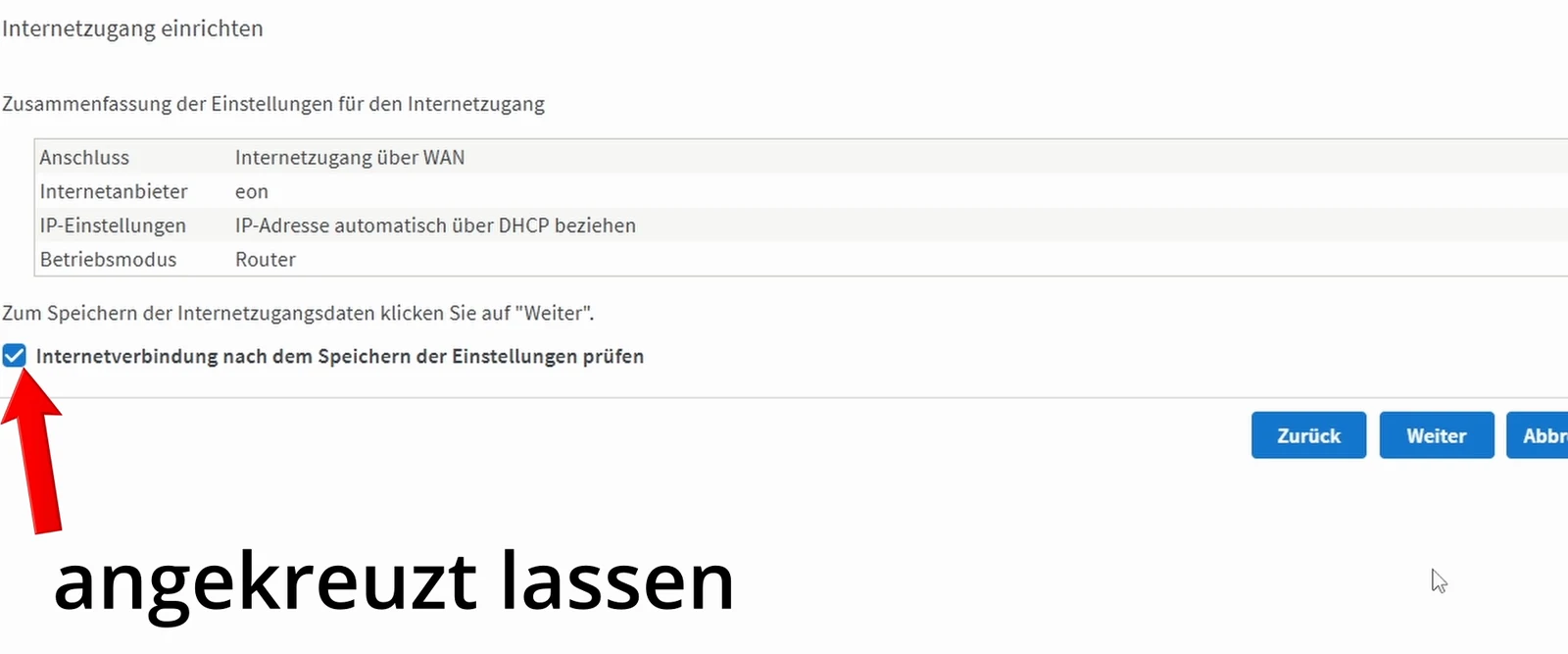 Zusammenfassung mit WAN DHCP Routerbetrieb und aktivierter Prüfung der Internetverbindung