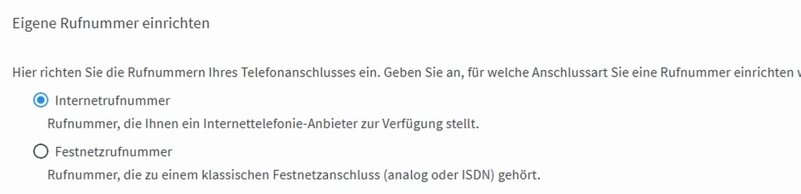 Auswahl Internetrufnummer im Assistenten Eigene Rufnummer einrichten