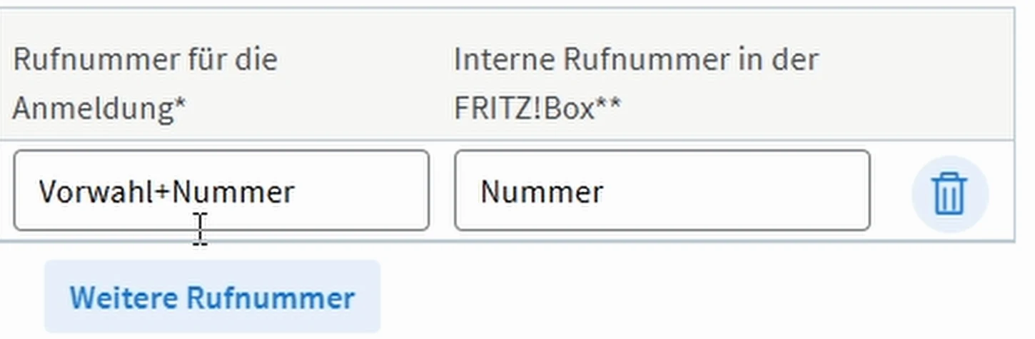 Beispielfelder für Rufnummer mit Vorwahl und interne Rufnummer ohne Vorwahl