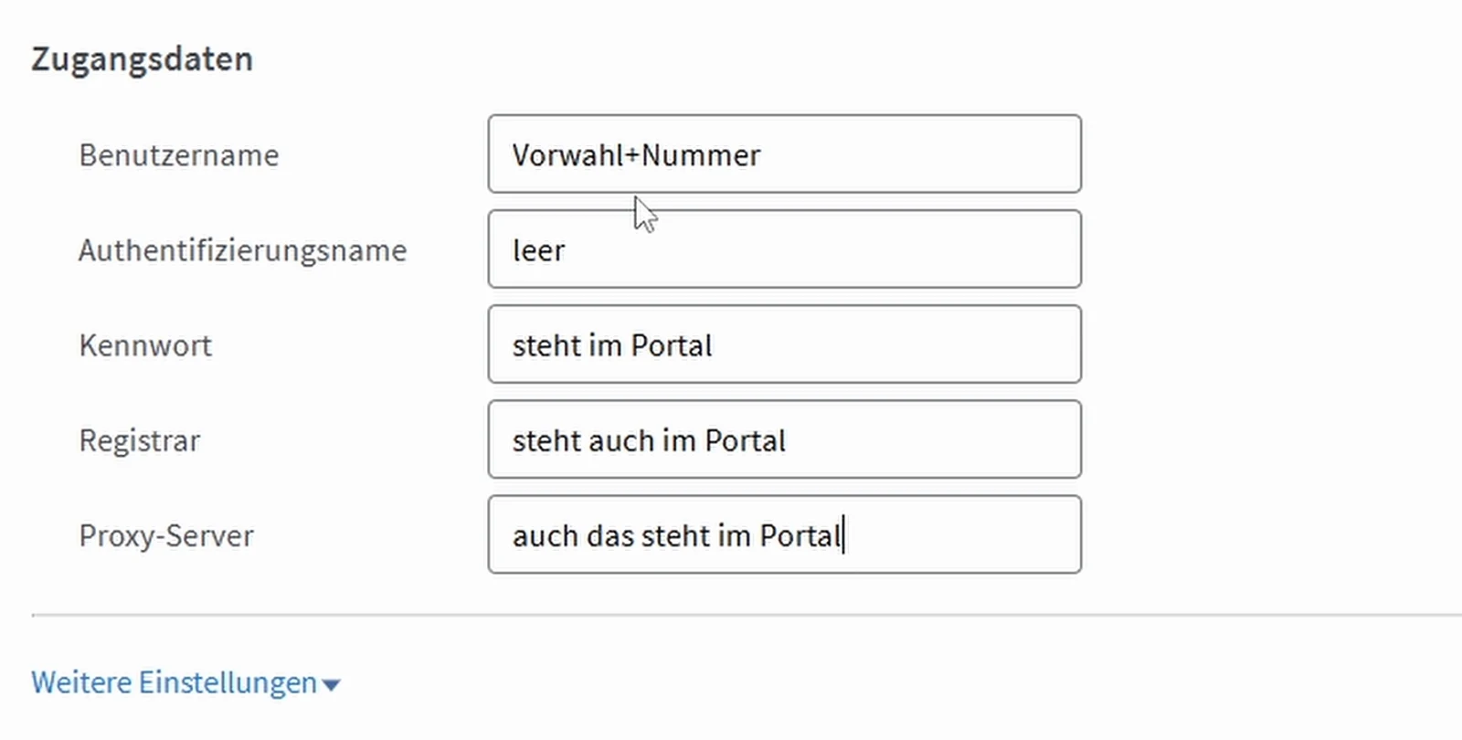 SIP-Felder Benutzername Authentifizierungsname Kennwort Registrar und Proxy-Server mit erläuternden Beispieltexten