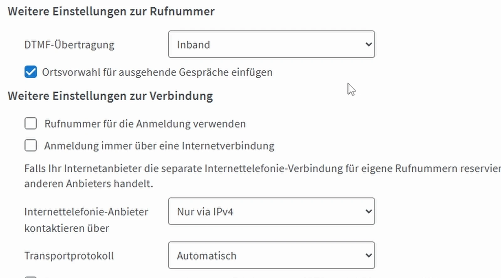 Telefonie-Einstellungen mit DTMF Inband IPv4 und automatischem Transportprotokoll