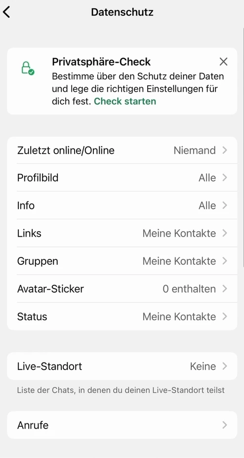 WhatsApp-Datenschutz mit den Menüpunkten Zuletzt online/Online, Gruppen und Anrufe
