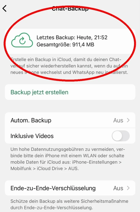 WhatsApp-Chat-Backup mit letzter Sicherung, automatischem Backup und Verschlüsselung