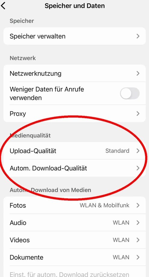 WhatsApp-Menü Speicher und Daten mit Upload-Qualität und automatischer Download-Qualität