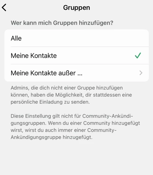 WhatsApp-Gruppeneinstellungen mit ausgewählter Option Meine Kontakte