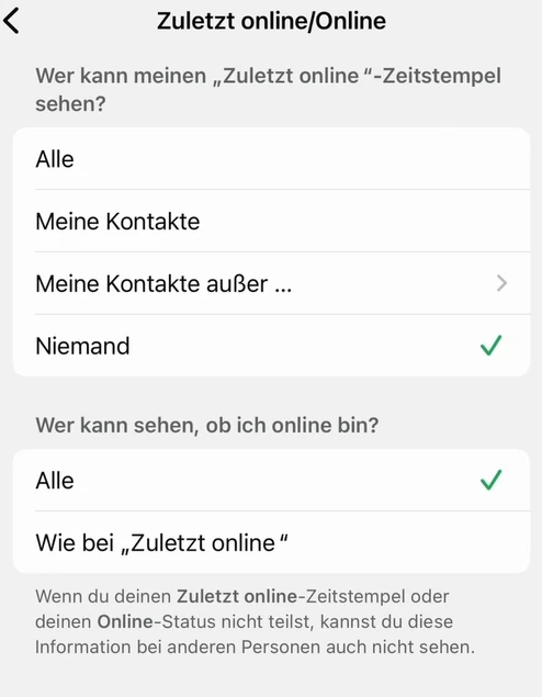WhatsApp-Einstellungen mit Niemand bei Zuletzt online und Alle beim aktuellen Online-Status